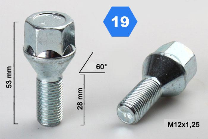 M12x1,25 Wielbout conisch, Draadlengte 28mm, SW 19